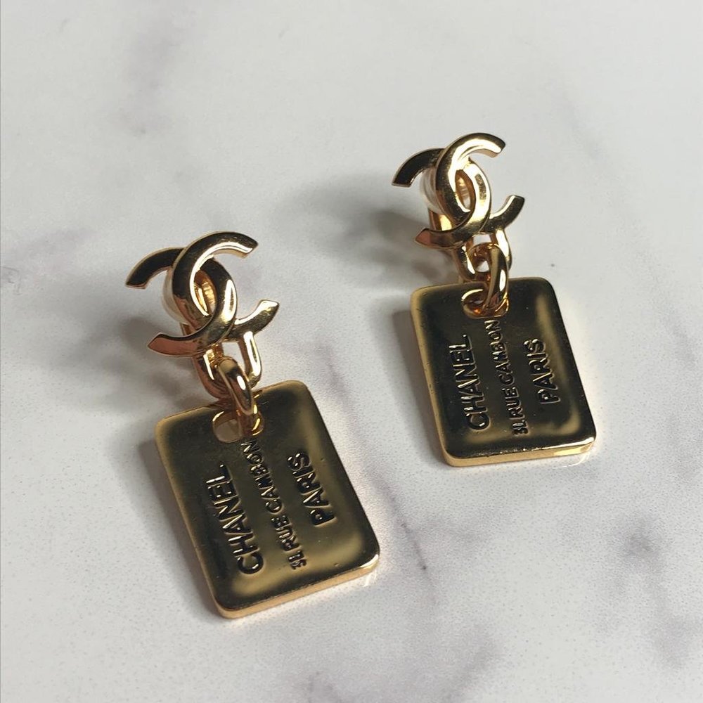 Chanel 31 Rue Cambon Dog Tag Gold Clip On Earrings